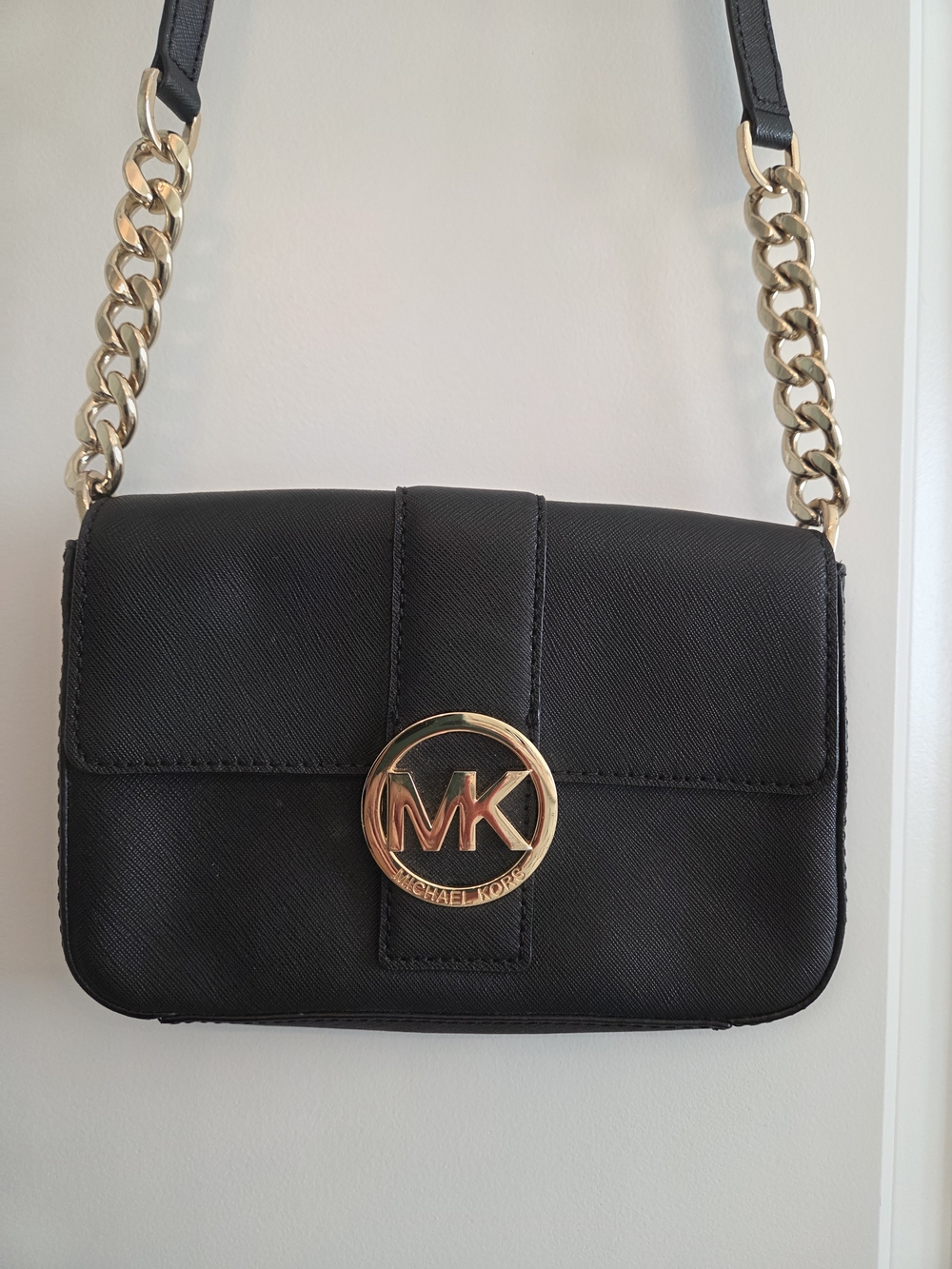 Michael Kors Black Leather Crossbody Bag with Gold Logo